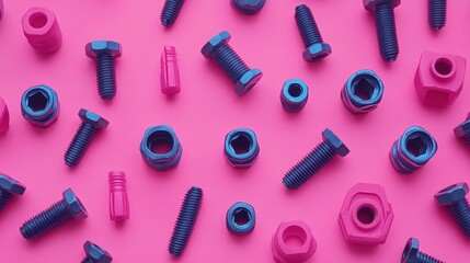 Obraz premium Flat lay of various bolts and screws on a clean bright pink background.