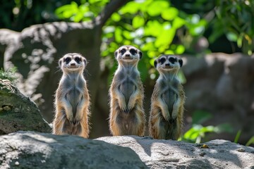Fototapeta premium Adorable Meerkats Standing Upright in Natural Habitat Exuding Curiosity and Playfulness in a Lush Green Environment