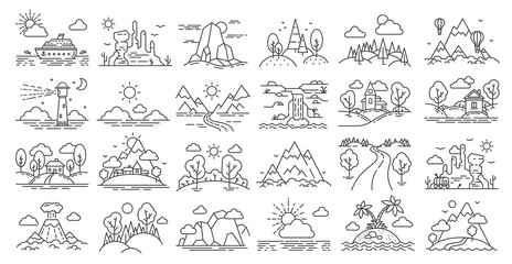 Linear landscapes of mountains, forests and rivers, trees and houses, hot air balloon and desert. Cruise ship, lighthouse and volcanoes. Ideal for travel and publication design. Vector illustration.