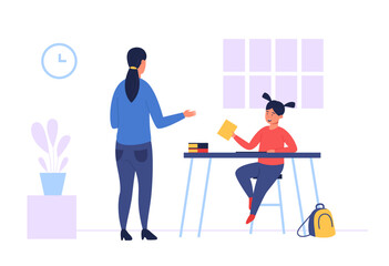 Fototapeta premium Home schooling scene depicting teacher explaining lesson to young student sitting at desk at home during quarantine. Education, learning and mentoring concept. Flat vector illustration.