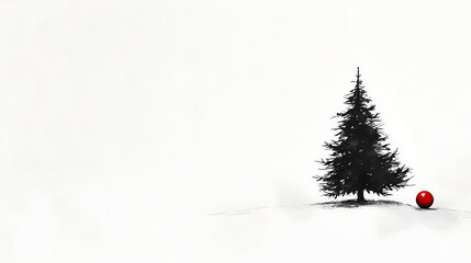 hand-drawn illustration of a Christmas tree, in black ink on white paper, with a red ball decoration, against a white background. 