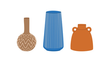 Modern flower ceramic vases. Trendy style pottery, clay pots set. Boho home interior decor, unique vessel decorations of various shapes. Flat vector illustration isolated on white background.