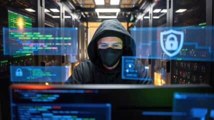 A hooded figure works on a computer in a server room, focused on cybersecurity tasks.