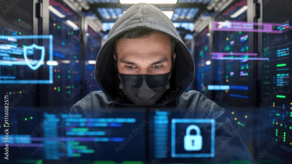 Poster a person in a hoodie and mask working on a computer in a server room with digital interfaces.