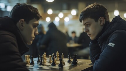 Two focused young men intensely playing chess in a dimly lit cafe.