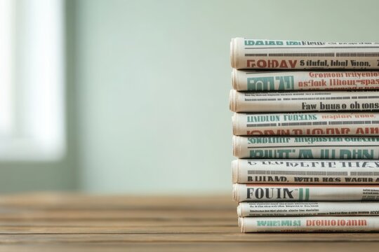 A stack of modern newspapers highlighting current events and trends, set against a minimalist background.