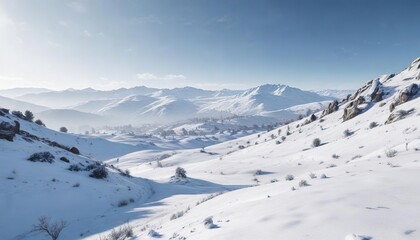 A blue and white snowy scene with hills in the distance, serene hills, cold climate