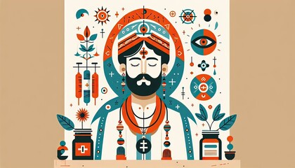 Colorful vector art of traditional healer with harmonious symbols and plants