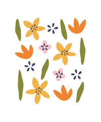 Modern colorful naive flowers illustration. Abstract hand drawn funky vector poster. Botanical print for postcard, summer decoration. Flower market design