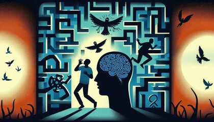 Conceptual illustration depicting PTSD with maze-like haunting memories