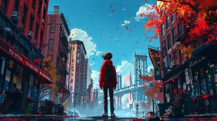 Obraz premium A solitary person stands on a rooftop in a dystopian cyberpunk city, illuminated by a glowing yellow moon and scattered lights. 