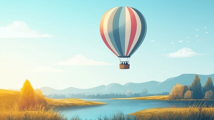 Naklejka premium A vibrant hot air balloon floats over a serene landscape and lake.