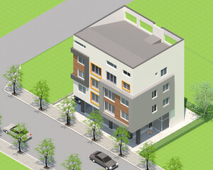 3D architectural rendering of a modern multi-story building. The structure appears to have four floors, with the ground level featuring large glass windows, likely intended for commercial or retail sp