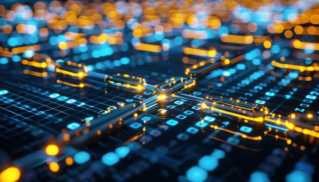 Abstract digital circuit design with glowing elements and binary code.