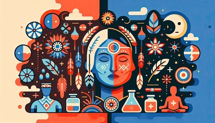 Illustration of indigenous healing versus western medicine in harmonious colors