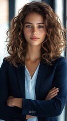 Obraz premium Confident woman with curly hair in professional attire poses indoors during daylight