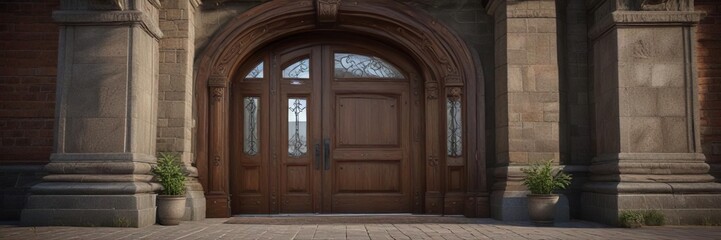 A grand entrance with an archway and a large wooden door, castle gates, arches, fortified entrance