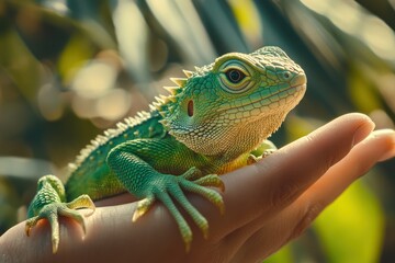 Obraz premium Colorful Green Lizard Resting on Human Hand Surrounded by Lush Nature, Capturing the Beauty of Reptiles in a Serene Environment