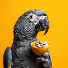 Fototapeta premium A close-up of a gray parrot holding a bowl of seeds against a vibrant orange background, Ideal for pet care articles, animal behavior studies, or websites focused on bird owners and enthusiasts,