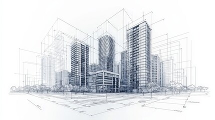 A city skyline is drawn in black and white with a lot of detail