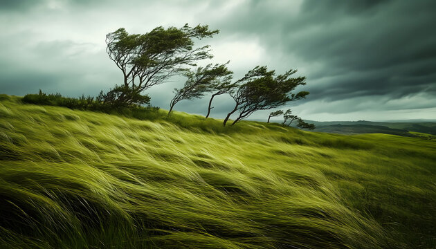 An open grassy field with wind blown trees on a cloudy day