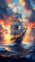 Fototapeta premium Majestic sailing ship gliding gracefully across golden ocean during sunset images