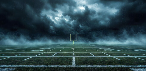 American football field in a dark stormy sky. 3d rendering.