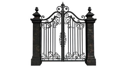 A decorative wrought iron gate with ornate designs and stone pillars, serving as an entrance or boundary.