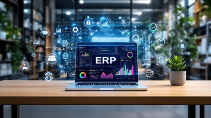 Business Professional Using ERP Software for Secure Online HR Management with Office Desk Background in Wide Banner Design