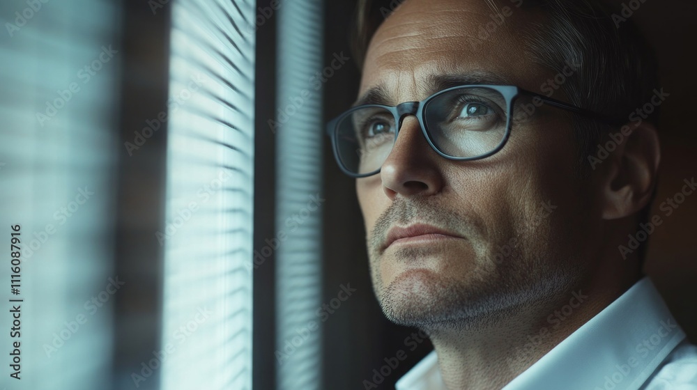 Poster a man with glasses observes the world outside as soft morning light filters through blinds. his expr