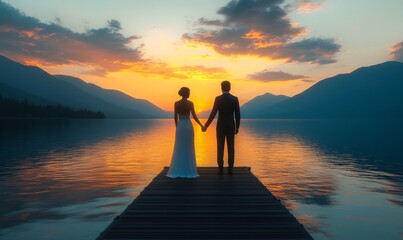 Fototapeta premium 3D wedding couple holding hands on a lakeside pier, their silhouettes reflected in the water as the sun sets