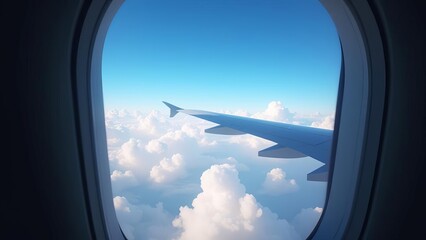 Airplane Wing View Through Window During Flight Above White Clouds, High Altitude Air Travel and Aviation Photography