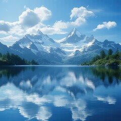 Fototapeta premium Breathtaking mountain landscape with snow-capped peaks and a tranquil lake reflecting the sky, Ideal for travel, nature, and wellness themes in marketing materials or websites,