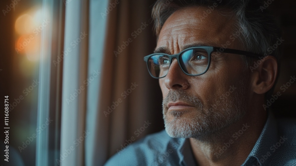 Poster in a quiet room dimly lit by the soft glow of evening light, a man with glasses sits pensively, star