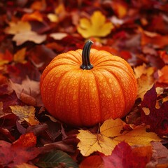 A vibrant orange pumpkin rests amidst colorful autumn leaves, creating a warm seasonal atmosphere, This image is perfect for fall-themed projects, decorations, or promoting Halloween events,
