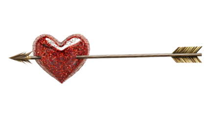Red glittery heart pierced by cupid's golden arrow on transparent background