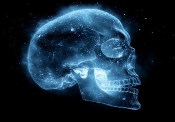 Naklejka premium Celestial skull glows brightly against a cosmic backdrop.
