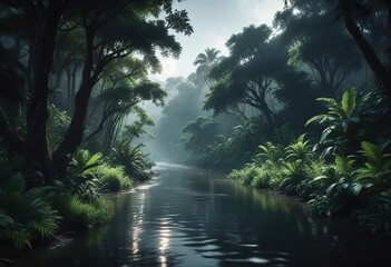 an ethereal moonlit scene of a river flowing through a dense thicket of tropical foliage and giant trees, , moonlit river