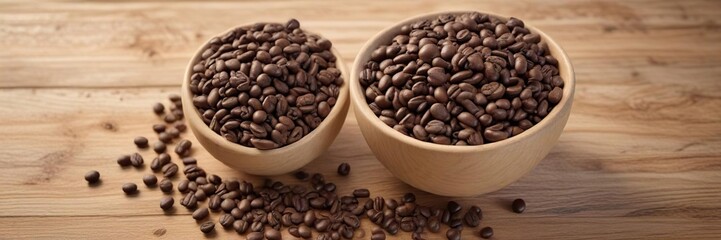 Fototapeta premium Aromatic coffee beans in a bowl on a wooden table, brown, aromatic