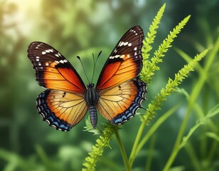 Fototapeta premium Beautiful butterfly resting on a bright green stem, serene atmosphere, plant life