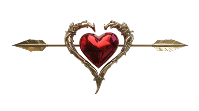 Golden arrow piercing red heart on transparent background