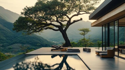Fototapeta premium Modern Mountaintop Home With Infinity Pool And Scenic View