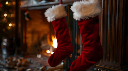 Obraz premium Cozy Christmas Fireplace Stockings Illustration