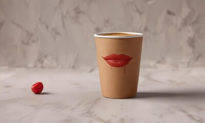 Brown coffee cup with red lipstick mark on the rim , drink, beverage, coffee cup