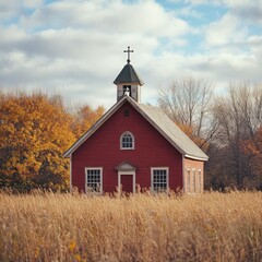 A charming red church sits peacefully among golden grasses and vibrant autumn trees, perfect for evoking a sense of tranquility and community, Ideal for nature, religion, or heritage-themed projects,