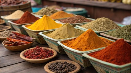 Colorful array of Indian spices on a wooden table, ground nuts, colorful powders
