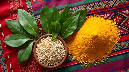 A flat lay of Indian ingredients: curry leaves, lentils, and mustard seeds on a colorful textile.
