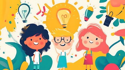 A colorful illustration of three children with creative ideas and playful elements around them.