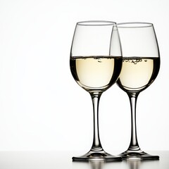 Fototapeta premium Two elegant wine glasses filled with sparkling white wine, set against a clean white background, perfect for celebrating special occasions, marketing beverages, or enhancing restaurant menus,
