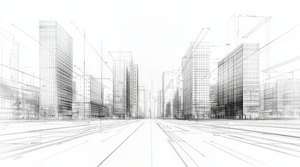 A cityscape with tall buildings and a large empty road
